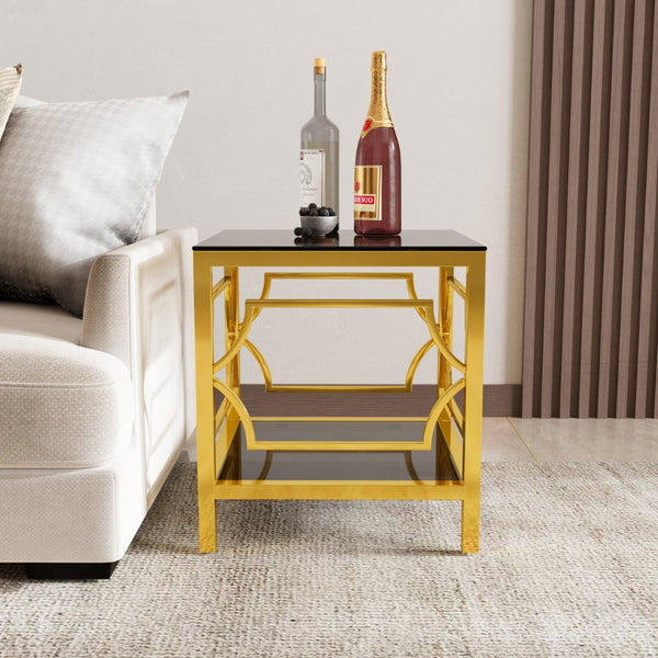 English Elm 19.7 Inch Gold Glam Two Tier Square Side Table Tempered Glass Top Metal Frame Black N735P468887B