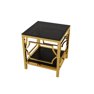 English Elm 19.7 Inch Gold Glam Two Tier Square Side Table Tempered Glass Top Metal Frame Black N735P468887B