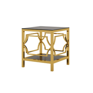 English Elm 19.7 Inch Gold Glam Two Tier Square Side Table Tempered Glass Top Metal Frame Black N735P468887B