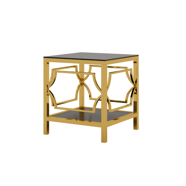 English Elm 19.7 Inch Gold Glam Two Tier Square Side Table Tempered Glass Top Metal Frame Black N735P468887B