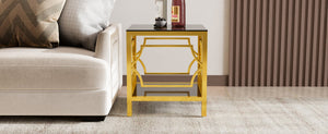 English Elm 19.7 Inch Gold Glam Two Tier Square Side Table Tempered Glass Top Metal Frame Black N735P468887B