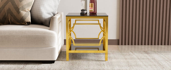 English Elm 19.7 Inch Gold Glam Two Tier Square Side Table Tempered Glass Top Metal Frame Black N735P468887B