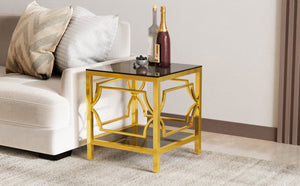 English Elm 19.7 Inch Gold Glam Two Tier Square Side Table Tempered Glass Top Metal Frame Black N735P468887B