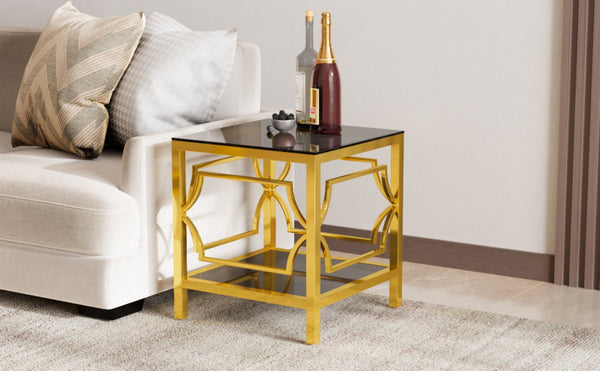 English Elm 19.7 Inch Gold Glam Two Tier Square Side Table Tempered Glass Top Metal Frame Black N735P468887B