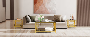 English Elm 19.7 Inch Gold Glam Two Tier Square Side Table Tempered Glass Top Metal Frame Black N735P468887B