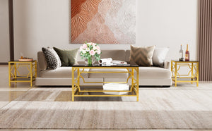 English Elm 19.7 Inch Gold Glam Two Tier Square Side Table Tempered Glass Top Metal Frame Black N735P468887B