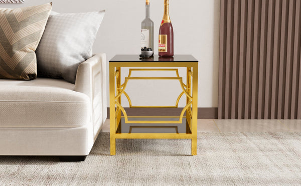 English Elm 19.7 Inch Gold Glam Two Tier Square Side Table Tempered Glass Top Metal Frame Black N735P468887B