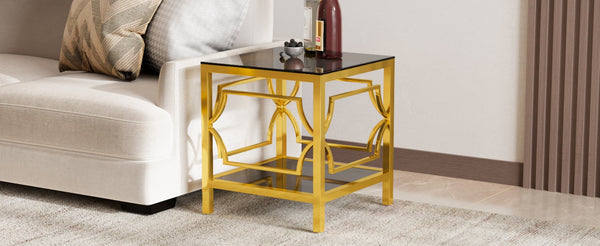English Elm 19.7 Inch Gold Glam Two Tier Square Side Table Tempered Glass Top Metal Frame Black N735P468887B