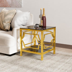English Elm 19.7 Inch Gold Glam Two Tier Square Side Table Tempered Glass Top Metal Frame Black N735P468887B
