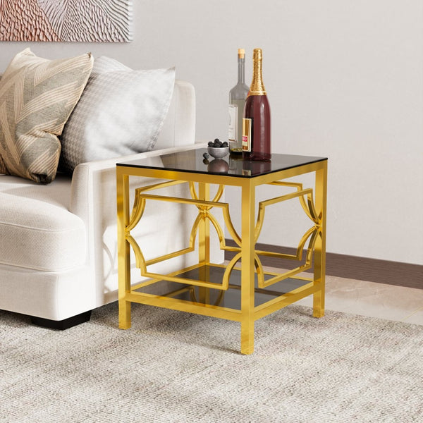 English Elm 19.7 Inch Gold Glam Two Tier Square Side Table Tempered Glass Top Metal Frame Black N735P468887B