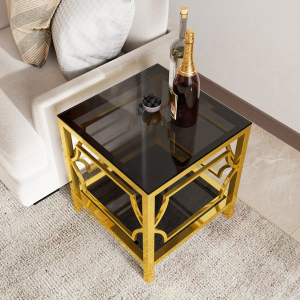 English Elm 19.7 Inch Gold Glam Two Tier Square Side Table Tempered Glass Top Metal Frame Black N735P468887B