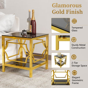 English Elm 19.7 Inch Gold Glam Two Tier Square Side Table Tempered Glass Top Metal Frame Black N735P468887B
