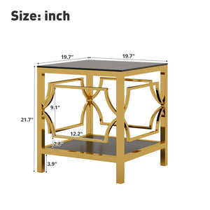 English Elm 19.7 Inch Gold Glam Two Tier Square Side Table Tempered Glass Top Metal Frame Black N735P468887B