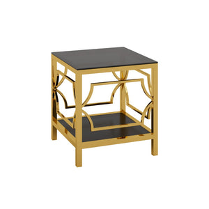 English Elm 19.7 Inch Gold Glam Two Tier Square Side Table Tempered Glass Top Metal Frame Black N735P468887B