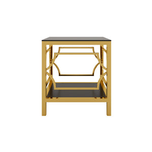 English Elm 19.7 Inch Gold Glam Two Tier Square Side Table Tempered Glass Top Metal Frame Black N735P468887B