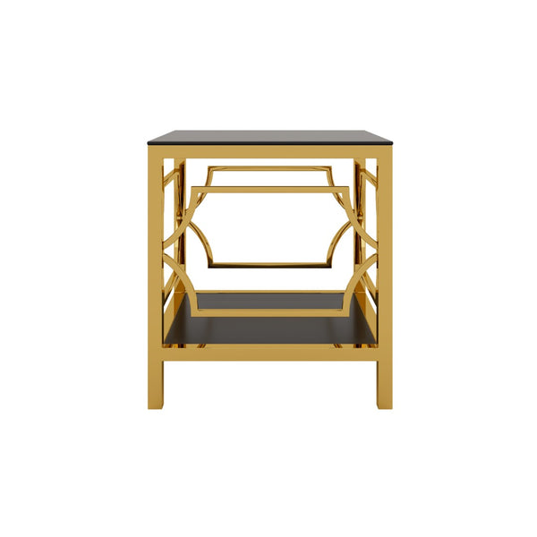 English Elm 19.7 Inch Gold Glam Two Tier Square Side Table Tempered Glass Top Metal Frame Black N735P468887B