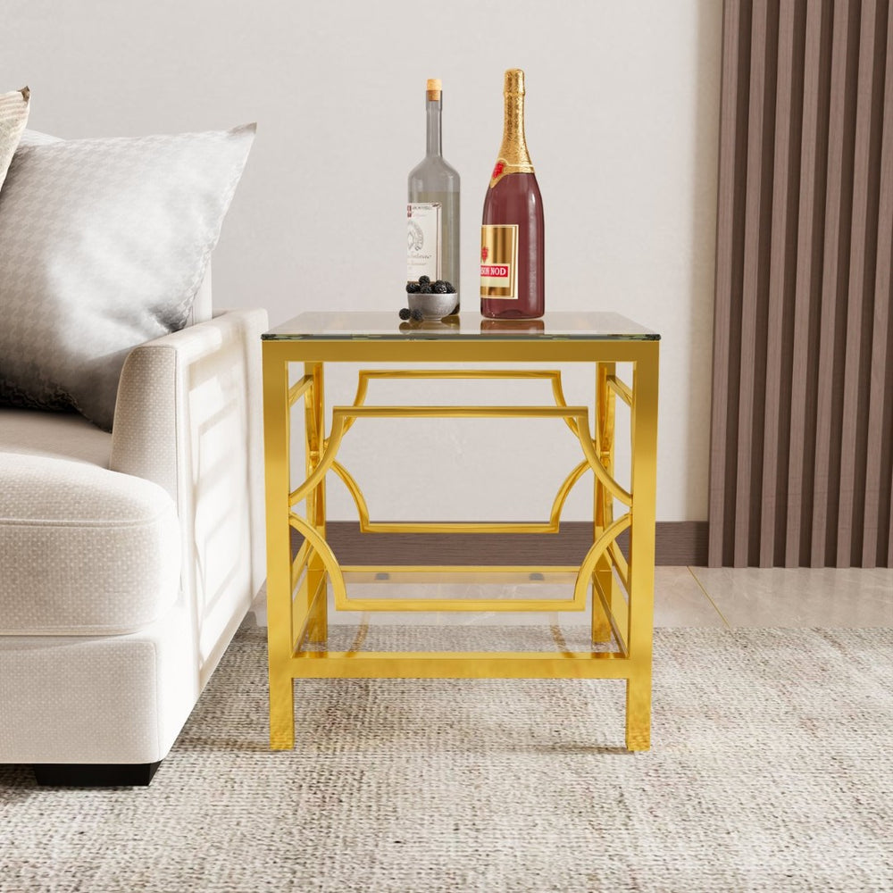 English Elm 19.7 Inch Gold Glam Two Tier Square Side Table Tempered Glass Top Metal Frame Transparent N735P468887K