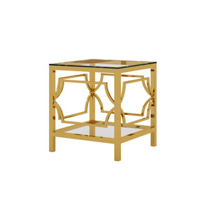 English Elm 19.7 Inch Gold Glam Two Tier Square Side Table Tempered Glass Top Metal Frame Transparent N735P468887K
