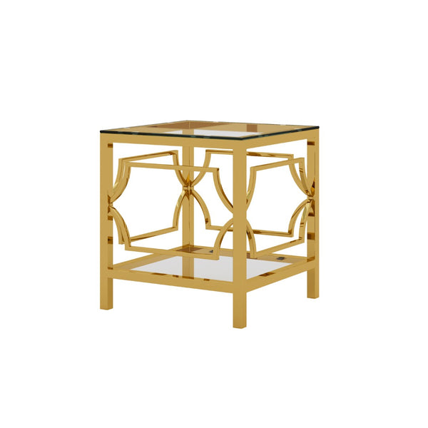 English Elm 19.7 Inch Gold Glam Two Tier Square Side Table Tempered Glass Top Metal Frame Transparent N735P468887K