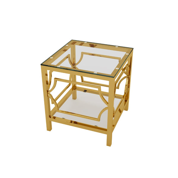 English Elm 19.7 Inch Gold Glam Two Tier Square Side Table Tempered Glass Top Metal Frame Transparent N735P468887K