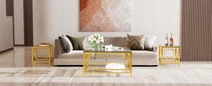 English Elm 19.7 Inch Gold Glam Two Tier Square Side Table Tempered Glass Top Metal Frame Transparent N735P468887K