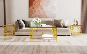 English Elm 19.7 Inch Gold Glam Two Tier Square Side Table Tempered Glass Top Metal Frame Transparent N735P468887K