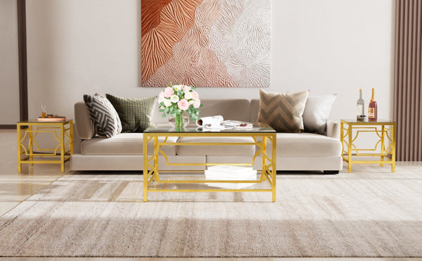 English Elm 19.7 Inch Gold Glam Two Tier Square Side Table Tempered Glass Top Metal Frame Transparent N735P468887K