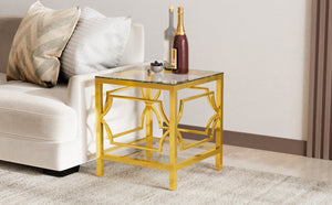 English Elm 19.7 Inch Gold Glam Two Tier Square Side Table Tempered Glass Top Metal Frame Transparent N735P468887K
