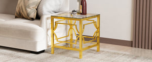 English Elm 19.7 Inch Gold Glam Two Tier Square Side Table Tempered Glass Top Metal Frame Transparent N735P468887K