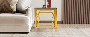 English Elm 19.7 Inch Gold Glam Two Tier Square Side Table Tempered Glass Top Metal Frame Transparent N735P468887K