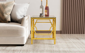 English Elm 19.7 Inch Gold Glam Two Tier Square Side Table Tempered Glass Top Metal Frame Transparent N735P468887K