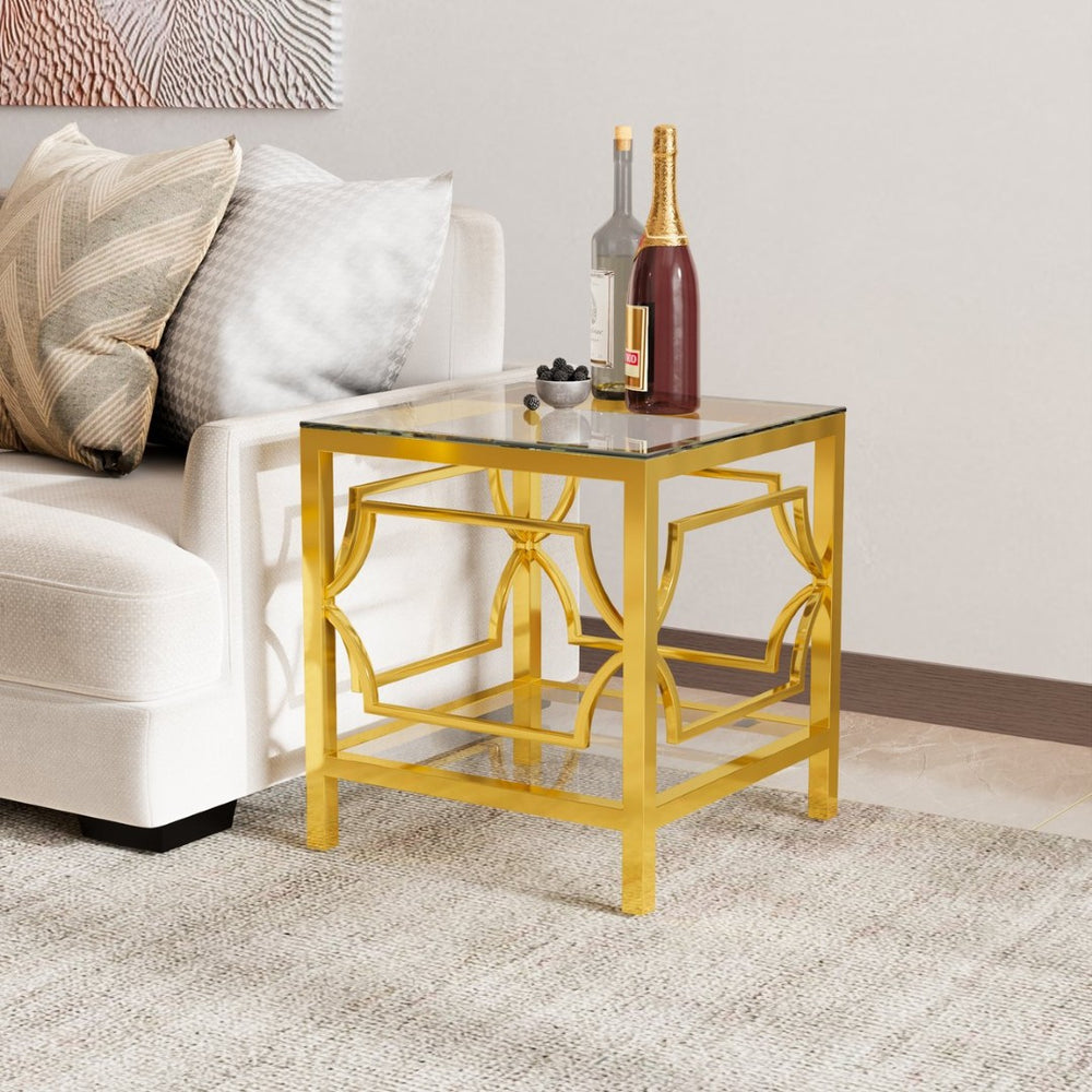 English Elm 19.7 Inch Gold Glam Two Tier Square Side Table Tempered Glass Top Metal Frame Transparent N735P468887K
