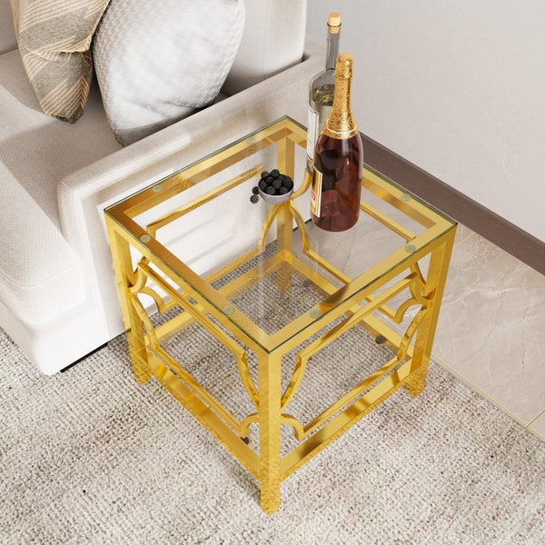 English Elm 19.7 Inch Gold Glam Two Tier Square Side Table Tempered Glass Top Metal Frame Transparent N735P468887K