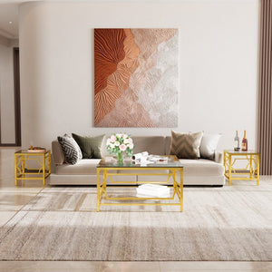 English Elm 19.7 Inch Gold Glam Two Tier Square Side Table Tempered Glass Top Metal Frame Transparent N735P468887K