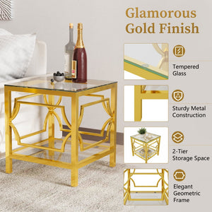 English Elm 19.7 Inch Gold Glam Two Tier Square Side Table Tempered Glass Top Metal Frame Transparent N735P468887K
