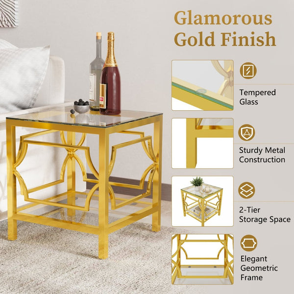 English Elm 19.7 Inch Gold Glam Two Tier Square Side Table Tempered Glass Top Metal Frame Transparent N735P468887K