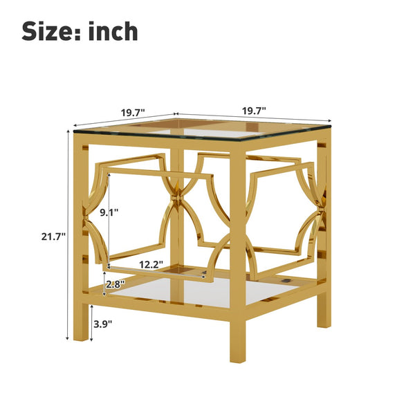 English Elm 19.7 Inch Gold Glam Two Tier Square Side Table Tempered Glass Top Metal Frame Transparent N735P468887K