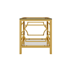English Elm 19.7 Inch Gold Glam Two Tier Square Side Table Tempered Glass Top Metal Frame Transparent N735P468887K