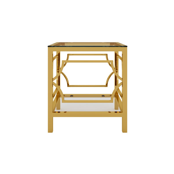 English Elm 19.7 Inch Gold Glam Two Tier Square Side Table Tempered Glass Top Metal Frame Transparent N735P468887K