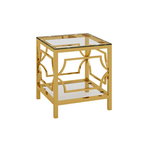 English Elm 19.7 Inch Gold Glam Two Tier Square Side Table Tempered Glass Top Metal Frame Transparent N735P468887K