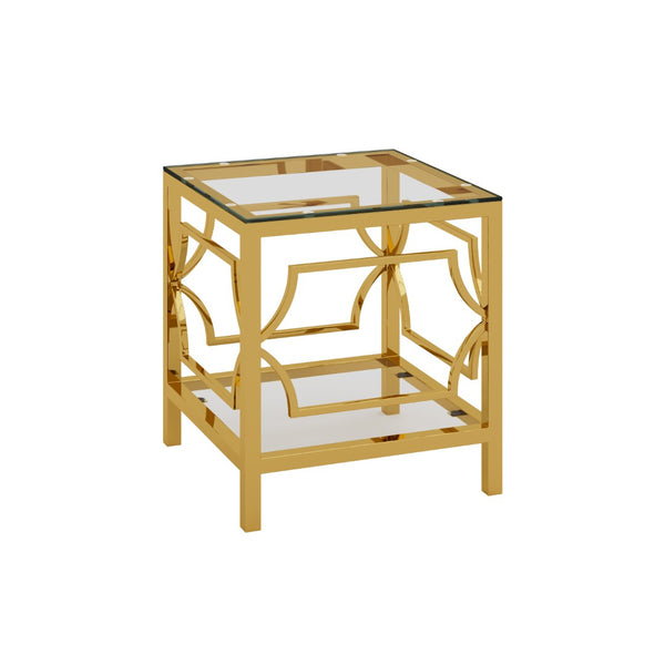 English Elm 19.7 Inch Gold Glam Two Tier Square Side Table Tempered Glass Top Metal Frame Transparent N735P468887K
