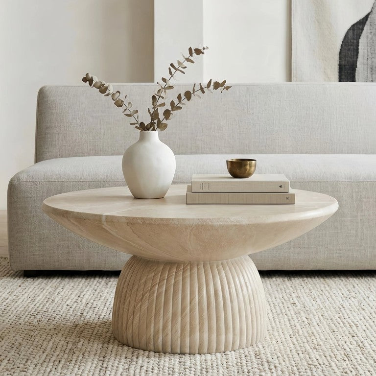 English Elm Round Faux Travertine Coffee Table Sculptural Fluted Pedestal Base Wabi Sabi Living Room Beige N735P481597B