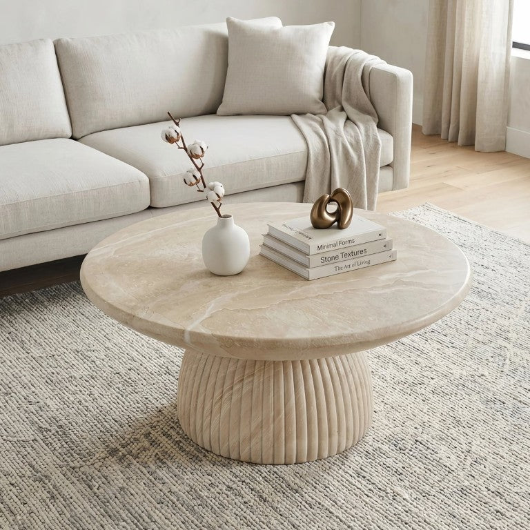 English Elm Round Faux Travertine Coffee Table Sculptural Fluted Pedestal Base Wabi Sabi Living Room Beige N735P481597B