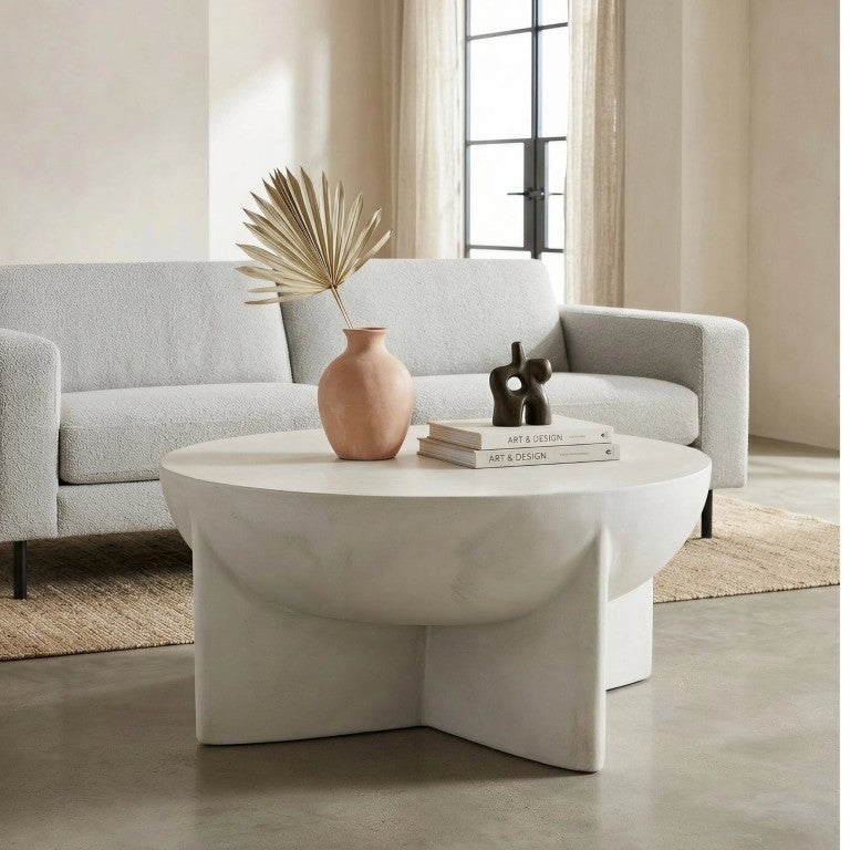 English Elm Matte White Magnesium Oxide Round Coffee Table Sculptural Tripod Base Wabi Sabi Organic N735P481603K