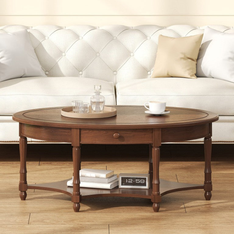 English Elm Vintage French Country Oval Coffee Table Rubberwood with Drawer and Open Shelf N735P487489B