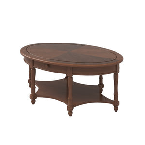 English Elm Vintage French Country Oval Coffee Table Rubberwood with Drawer and Open Shelf N735P487489B