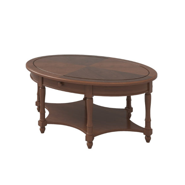 English Elm Vintage French Country Oval Coffee Table Rubberwood with Drawer and Open Shelf N735P487489B