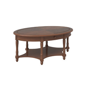 English Elm Vintage French Country Oval Coffee Table Rubberwood with Drawer and Open Shelf N735P487489B