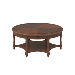 English Elm Vintage French Country Oval Coffee Table Rubberwood with Drawer and Open Shelf N735P487489B