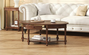 English Elm Vintage French Country Oval Coffee Table Rubberwood with Drawer and Open Shelf N735P487489B